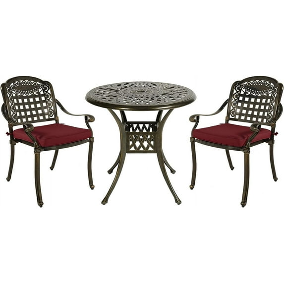 MEETWARM 3 Piece Patio Bistro Set, Outdoor All-Weather Cast Aluminum Dining Furniture Set Includes 2 Chairs with Cushions and a 31” Round Table with Umbrella Hole for Garden Deck, Chili Red