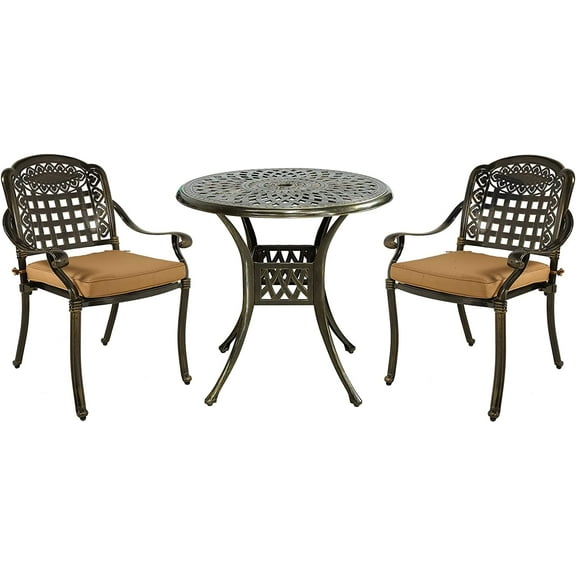MEETWARM 3 Piece Patio Bistro Set, Outdoor All-Weather Cast Aluminum Dining Furniture Set Includes 2 Chairs with Cushions and a 31” Round Table with Umbrella Hole for Garden Deck
