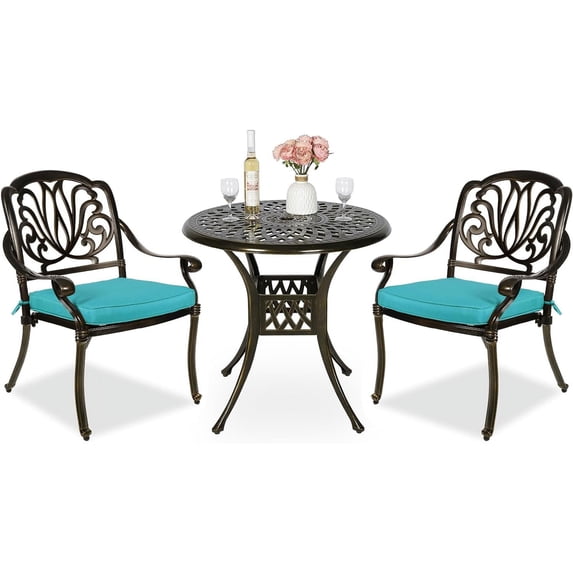 MEETWARM 3 Piece Patio Bistro Set, Outdoor All-Weather Cast Aluminum Dining Furniture Set Includes 2 Cushioned Chairs and a 31” Round Table with Umbrella Hole for Garden Deck, Ocean Blue