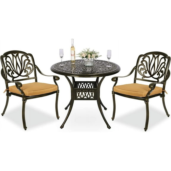 MEETWARM 3 Piece Patio Bistro Set, Outdoor All-Weather Cast Aluminum Dining Furniture Set Includes 2 Cushioned Chairs and a 35.4” Round Table with Umbrella Hole for Garden Deck