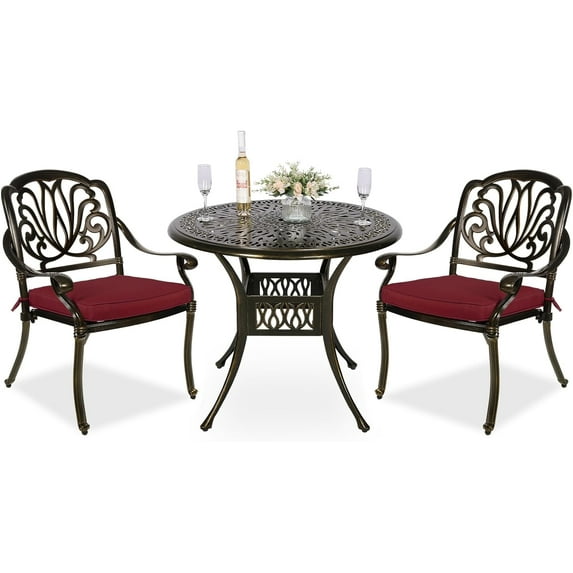 MEETWARM 3 Piece Patio Bistro Set, Outdoor All-Weather Cast Aluminum Dining Furniture Set Includes 2 Cushioned Chairs and a 35.4” Round Table with Umbrella Hole for Garden Deck, Chili Red