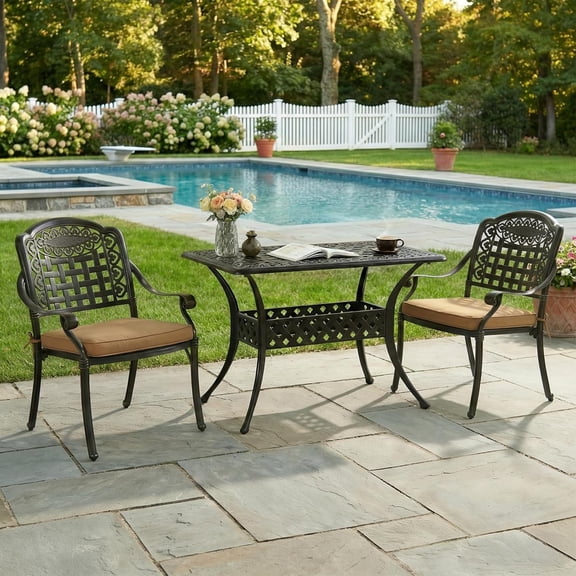 MEETWARM 3 Piece Patio Bistro Set, Outdoor All-Weather Cast Aluminum Dining Furniture Set Includes 2 Cushioned Chairs and a 42” Rectangle Table for Balcony Poolside Garden & Indoor Use, Dark Bronze
