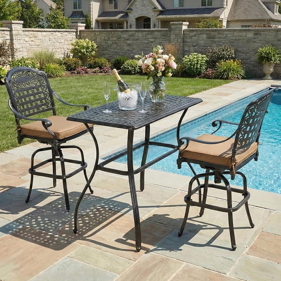 MEETWARM 3-Piece Patio Swivel Bar Set, All-Weather Cast Aluminum Outdoor Bar Height Bistro Set with 2 Cushioned Bar Stools with Footrest and 42" Rectangle High Top Bar Table for Poolside, Garden