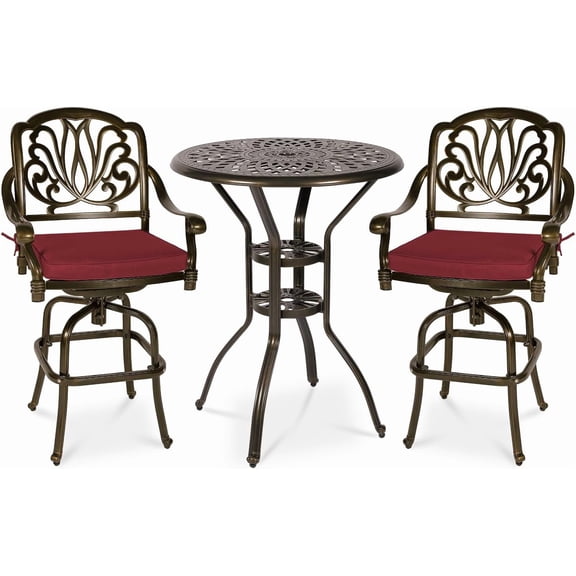 MEETWARM 3-Piece Patio Swivel Bar Set, All-Weather Cast Aluminum Outdoor High Bar Stool Bistro Set for Backyard Deck with 2 Cushions Bar Chairs with Footrest and 31" Bar Table, 2" Umbrella Hole