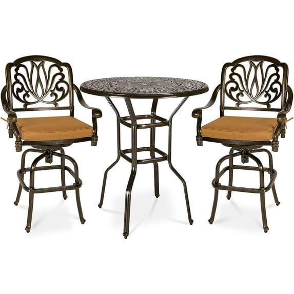 MEETWARM 3-Piece Patio Swivel Bar Set, All-Weather Cast Aluminum Outdoor High Bar Stool Bistro Set for Backyard Garden w/2 Cushions Bar Chairs with Footrest and 38.5" Bar Table, 2" Umbrella Hole