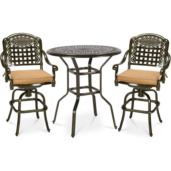 MEETWARM 3-Piece Patio Swivel Bar Set, All-Weather Cast Aluminum Outdoor High Bar Stool Bistro Set for Backyard Garden Deck w/2 Cushions Bar Chairs with Footrest and 35.4" Bar Table, 2" Umbrella Hole