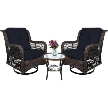 MEETWARM 3-Piece Patio Wicker Conversation Bistro Set Cushioned, Outdoor Swivel Rocking Chairs Rattan Furniture Sets with Thickened Cushion and Glass-Top Coffee Table (Navy Blue)