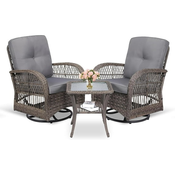 MEETWARM 3 Pieces Outdoor Wicker Swivel Rocker Patio Set, Rocking Chairs Rattan Patio Furniture Sets with Thickened Cushion and Glass-Top Coffee Table, Conversation Bistro Set for Porch (Gray)