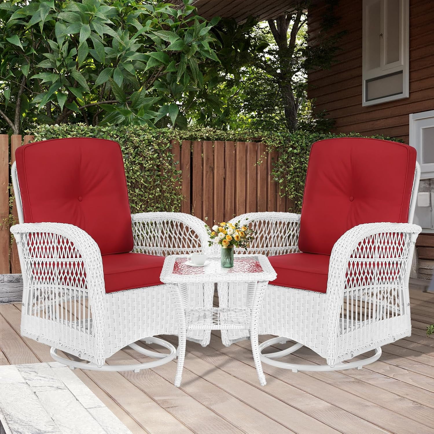 MEETWARM 3 Pieces Outdoor Wicker Swivel Rocker Patio Set, Rocking Chairs Rattan Patio Furniture Sets with Thickened Cushion and Glass-Top Coffee Table, Conversation Bistro Set, White Wicker/Red