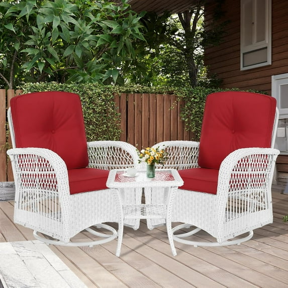 MEETWARM 3 Pieces Outdoor Wicker Swivel Rocker Patio Set, Rocking Chairs Rattan Patio Furniture Sets with Thickened Cushion and Glass-Top Coffee Table, Conversation Bistro Set, White Wicker/Red