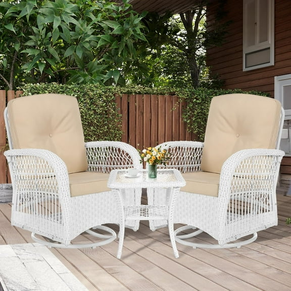 MEETWARM 3 Pieces Outdoor Wicker Swivel Rocker Patio Set, Rocking Chairs Rattan Patio Furniture Sets with Thickened Cushion and Glass-Top Coffee Table, Conversation Bistro Set, White Wicker/Beige