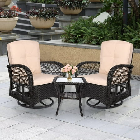 MEETWARM 3 Pieces Outdoor Wicker Swivel Rocker Patio Set, Rocking Chairs Rattan Patio Furniture Sets with Thickened Cushion and Glass-Top Coffee Table, Conversation Bistro Set for Porch (Dark Brown)