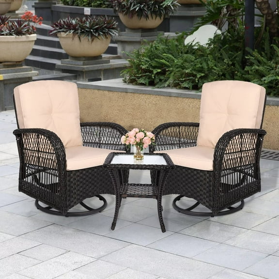 MEETWARM 3 Pieces Outdoor Wicker Swivel Rocker Patio Set, Rocking Chairs Rattan Patio Furniture Sets with Thickened Cushion and Glass-Top Coffee Table, Conversation Bistro Set for Porch (Dark Brown)