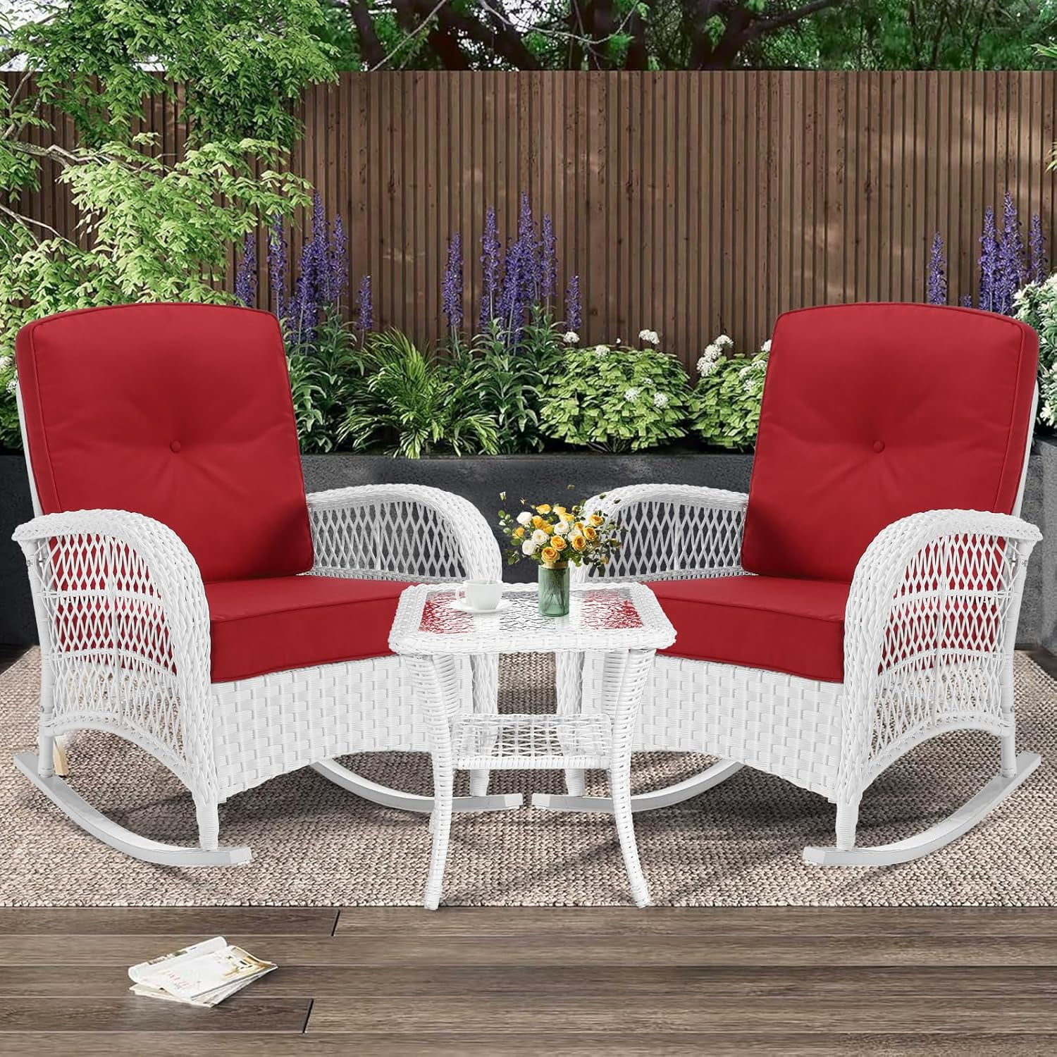 MEETWARM 3 Pieces Patio Conversation Set, Rattan Outdoor Rocking Patio Bistro Set with 2 Rockers and 1 Side Table with 4" Thick Cushions, Outdoor Furniture Set for Porch Backyard, White Wicker/Red