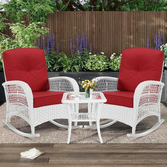 MEETWARM 3 Pieces Patio Conversation Set, Rattan Outdoor Rocking Patio Bistro Set with 2 Rockers and 1 Side Table with 4" Thick Cushions, Outdoor Furniture Set for Porch Backyard, White Wicker/Red