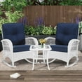 thumbnail image 1 of MEETWARM 3 Pieces Patio Conversation Set, Rattan Outdoor Rocking Patio Bistro Set with 2 Rockers and 1 Side Table with 4" Thick Cushions, Outdoor Furniture Set for Porch Backyard, White Wicker/Navy, 1 of 9