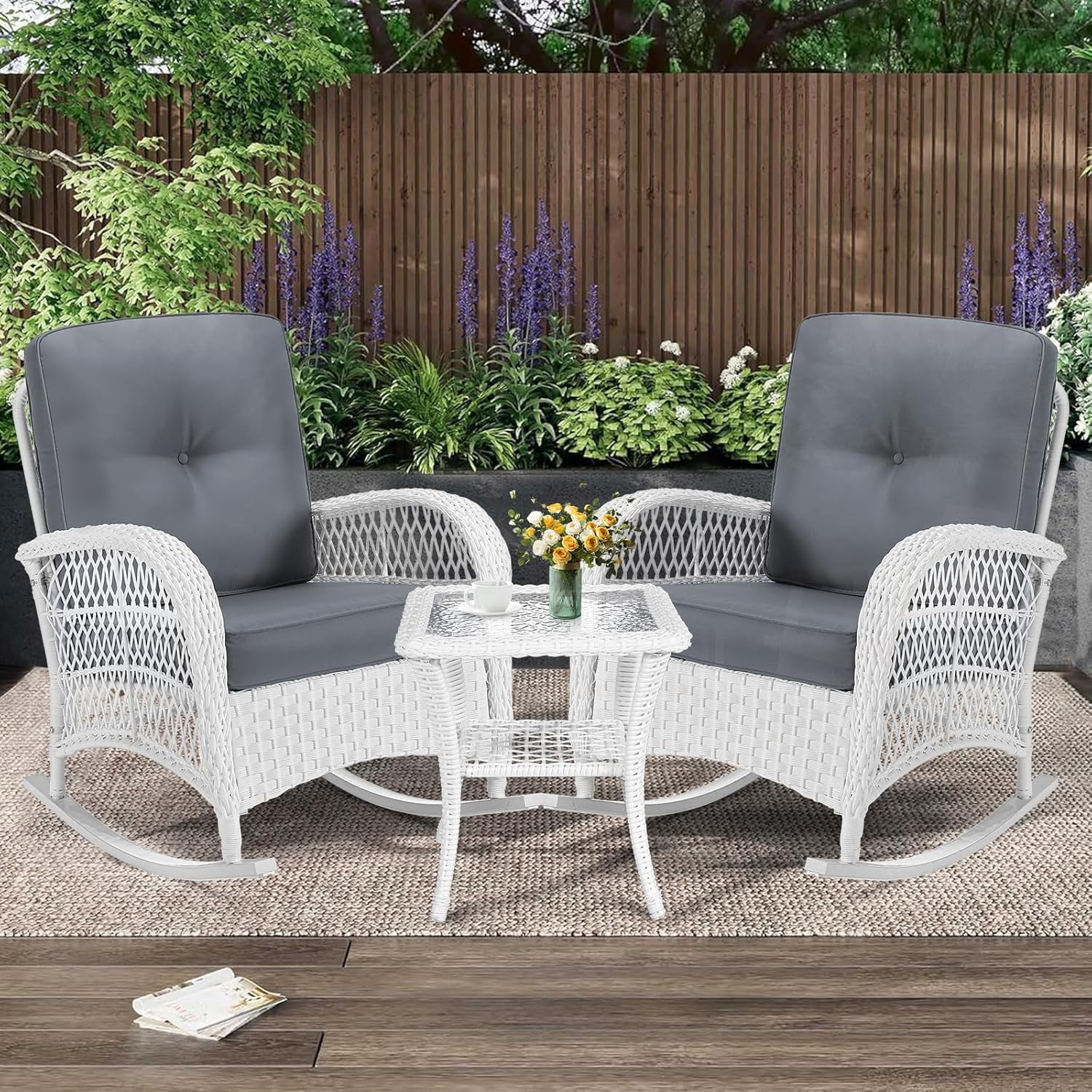 White Wicker 3-Piece Patio Rocking Bistro Set with Gray Cushions