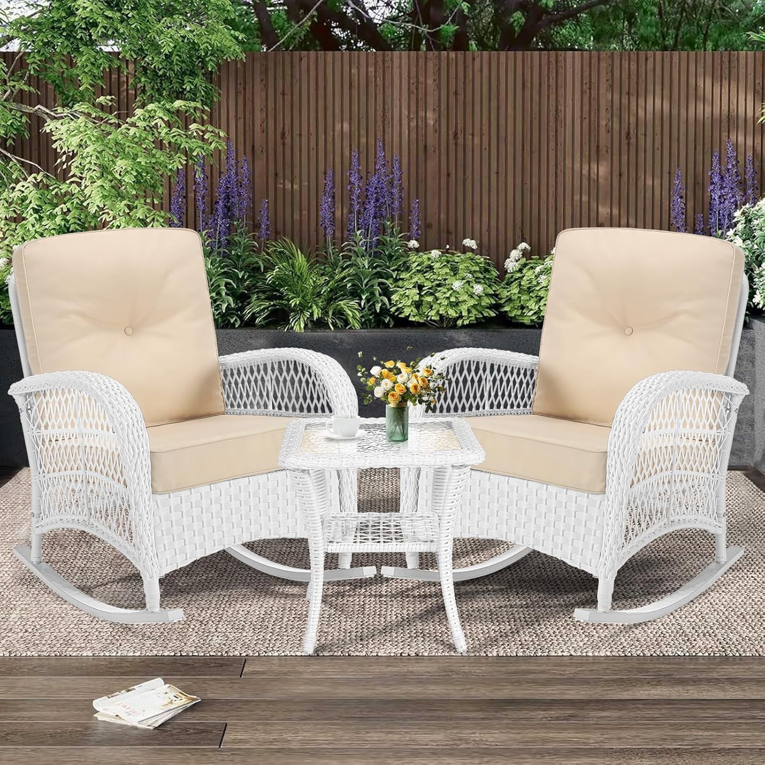 MEETWARM 3 Pieces Patio Conversation Set, Rattan Outdoor Rocking Patio Bistro Set with 2 Rockers and 1 Side Table with 4" Thick Cushions, Outdoor Furniture Set for Porch Backyard, White Wicker/Beige