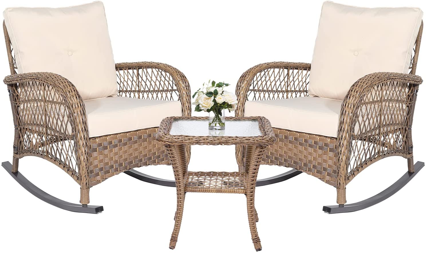 MEETWARM 3 Pieces Patio Wicker Rocking Chair Set, Rattan Outdoor Rocker Chairs Set with Cushions and Glass-Top Coffee Table, Conversation Bistro Set for Porch & Backyard - Beige - image 1 of 7