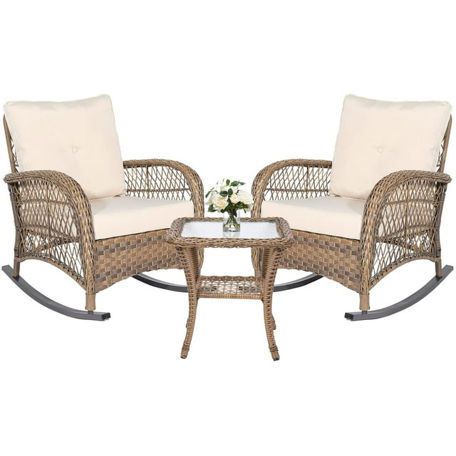 MEETWARM 3 Pieces Patio Wicker Rocking Chair Set, Rattan Outdoor Rocker Chairs Set with Cushions and Glass-Top Coffee Table, Conversation Bistro Set for Porch & Backyard - Beige