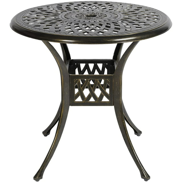 MEETWARM 31" Round Patio Bistro Table, Outdoor Cast Aluminum Small Dinning Table with 2" Umbrella Hole, Dark Bronze