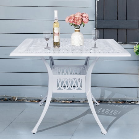MEETWARM 35.4" Square Outdoor Dinning Table, Patio Cast Aluminum Dinning Large Table with 2.2" Umbrella Hole, White