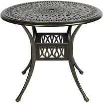 MEETWARM 35.4 inches Round Patio Dinning Table, Outdoor Cast Aluminum Dinning Table with 2" Umbrella Hole, Dark Bronze