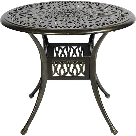 MEETWARM 35.4 inches Round Patio Dinning Table, Outdoor Cast Aluminum Dinning Table with 2" Umbrella Hole, Dark Bronze