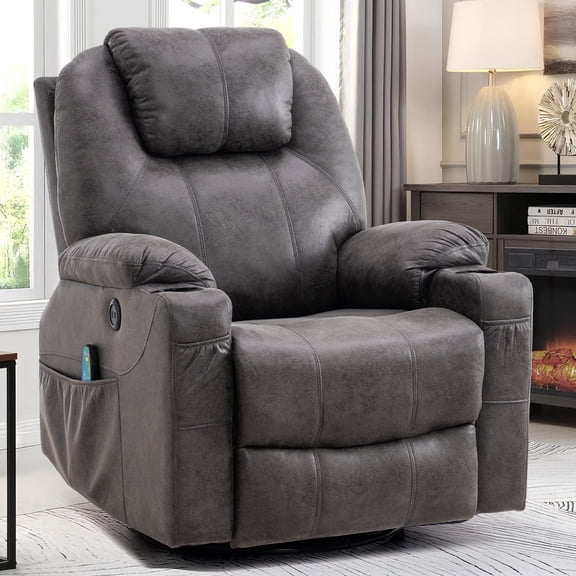 MEETWARM 360° Swivel Rocker Massage Recliner Chair - Ergonomic Manual Glider with Heat, Cup Holder, Side Pockets, Remote Control & USB Ports (Dark Grey)