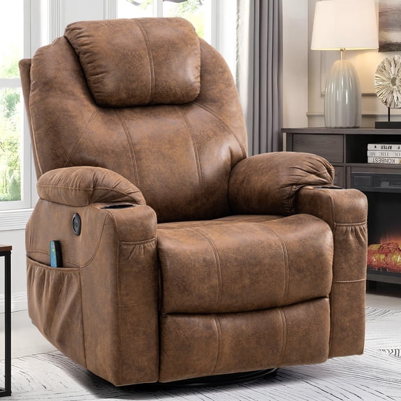 MEETWARM 360° Swivel Rocker Massage Recliner Chair - Ergonomic Manual Glider with Heat, Cup Holder, Side Pockets, Remote Control & USB Ports (Brown)