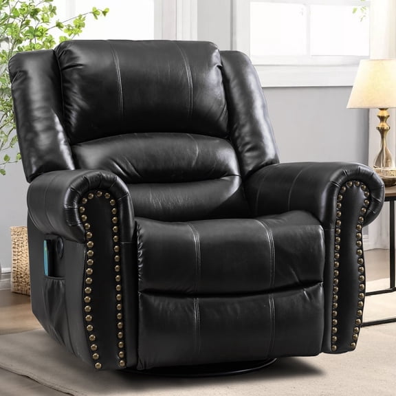 MEETWARM 360° Swivel Rocker Massage Recliner-Manual Glider with Heat, Vibration, Remote Control & USB Ports for Living Room(Black)