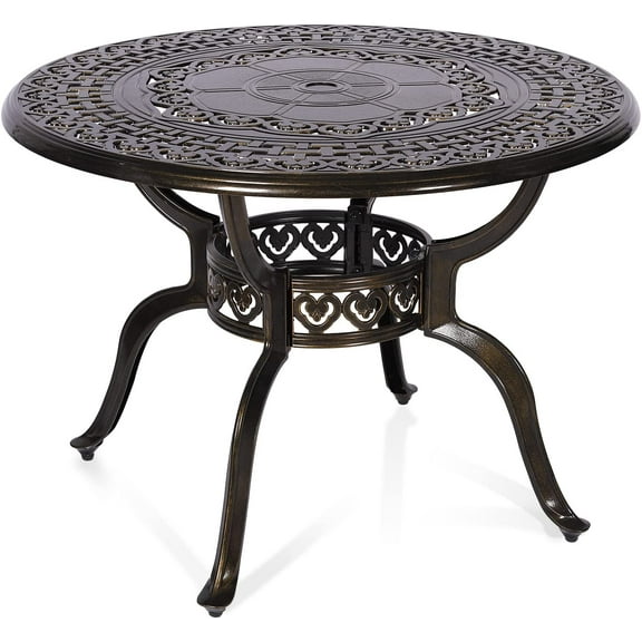 MEETWARM 38.5" Round Patio Dinning Table, Outdoor Cast Aluminum Dinning Table with 2" Umbrella Hole, Dark Bronze
