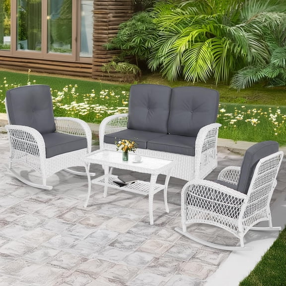 MEETWARM 4 Pieces Outdoor Wicker Patio Conversation Sets with Glider Loveseat, 2 Chairs with Coffee Table Wicker Rocking Chair Set, Patio Furniture Set with Thickened Cushions, White Wicker/Grey