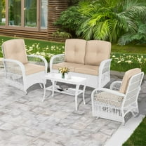 MEETWARM 4 Pieces Outdoor Wicker Patio Conversation Sets with Glider Loveseat, 2 Chairs with Coffee Table Wicker Rocking Glider Set, Wicker Conversation Set with Thickened Cushions, White Wicker/Beige