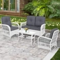 thumbnail image 1 of MEETWARM 4 Pieces Outdoor Wicker Patio Conversation Sets with Glider Loveseat, 2 Chairs with Coffee Table Wicker Rocking Glider Set, Wicker Conversation Set with Thickened Cushions, White Wicker/Grey, 1 of 8
