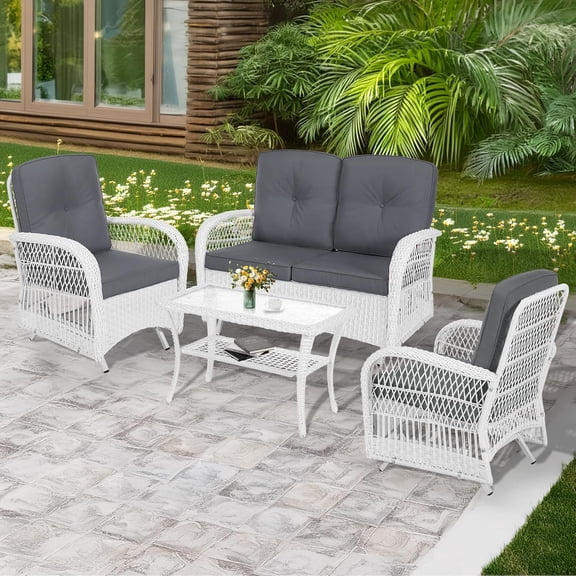 MEETWARM 4 Pieces Outdoor Wicker Patio Conversation Sets with Glider Loveseat, 2 Chairs with Coffee Table Wicker Rocking Glider Set, Wicker Conversation Set with Thickened Cushions, White Wicker/Grey