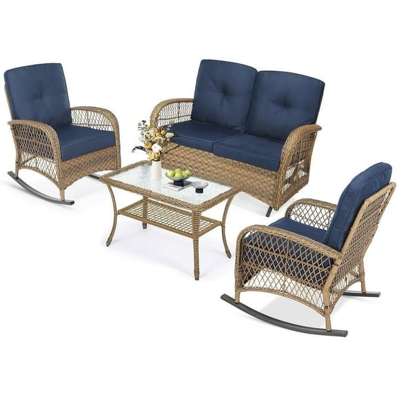 MEETWARM 4 Pieces Outdoor Wicker Patio Conversation Sets with Glider Loveseat, 2 Chairs with Glass-Top Coffee Table Wicker Rocking Chair Set, Wicker Conversation Set w/Thickened Cushions, Navy Blue