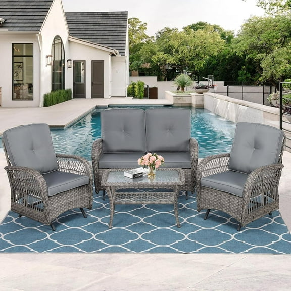 MEETWARM 4 Pieces Outdoor Wicker Patio Conversation Sets with Glider Loveseat, 2 Chairs with Glass-Top Coffee Table Wicker Rocking Glider Set, Wicker Conversation Set w/Thickened Cushions, Gray