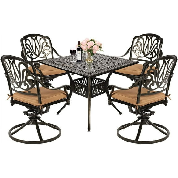 MEETWARM 7-Piece Patio Furniture Dining Set, All-Weather Cast Aluminum Outdoor Conversation Set, Include 6 Swivel Dining Chairs and a Rectangle Table with Umbrella Hole for Lawn Garden Backyard