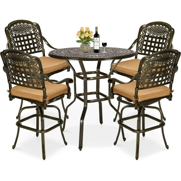 MEETWARM 5-Piece Bar Set with 4 Cushions Bar Chairs, Footrest and Bar Table, Umbrella Hole