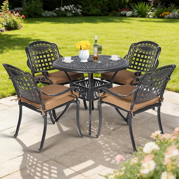 MEETWARM 5-Piece Cast Aluminum Patio Dining Set with 4 Chairs, Dark Bronze / Tan