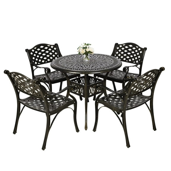 MEETWARM 5-Piece Cast Aluminum Outdoor Conversation Sets with Round Table, Bronze