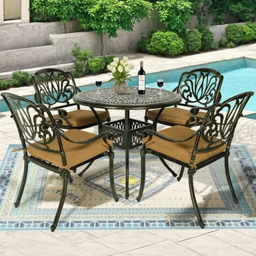 MEETWARM 5 Piece Outdoor Furniture Patio Dining Set, All-Weather Cast Aluminum Patio Table and Chairs Set- 4 Cushioned Chairs, 1 Round Dining Table with Umbrella Hole for Backyard Garden Deck