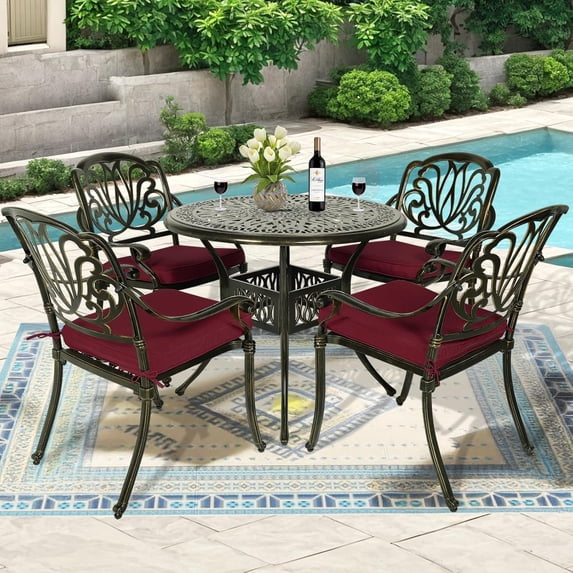 MEETWARM 5 Piece Outdoor Furniture Patio Dining Set, All-Weather Cast Aluminum Patio Table and Chairs Set- 4 Cushioned Chairs, 1 Round Dining Table with Umbrella Hole for Backyard, Chili Red