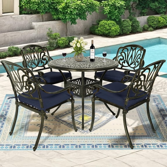 MEETWARM 5 Piece Outdoor Furniture Patio Dining Set, All-Weather Cast Aluminum Patio Table and Chairs Set- 4 Cushioned Chairs, 1 Round Dining Table with Umbrella Hole for Backyard, Navy Blue