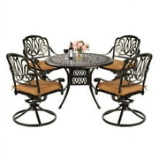 MEETWARM 5-Piece Outdoor Patio Dining Set, All-Weather Cast Aluminum Conversation Set, Patio Furniture Set for Balcony Lawn Garden, Include 4 Swivel Dining Chairs, a 35.4" Round Table w/Umbrella Hole