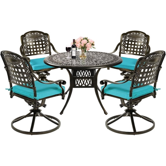 MEETWARM 5-Piece Outdoor Patio Dining Set, All-Weather Cast Aluminum Patio Conversation Set with 4 Cushions Swivel Rocker Chairs for Backyard Garden Deck and 35.4" Round Table, Ocean Blue