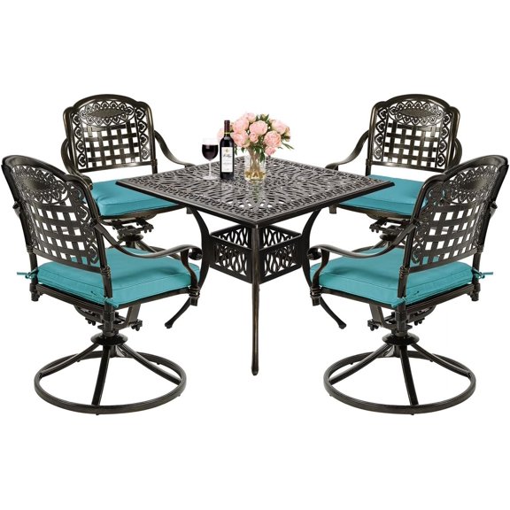 MEETWARM 5-Piece Outdoor Patio Dining Set, All-Weather Cast Aluminum Patio Conversation Set with 4 Cushions Swivel Rocker Chairs for Backyard Garden Deck and 35.4" Square Table, Ocean Blue