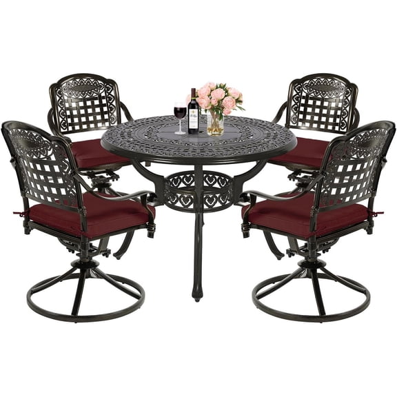 MEETWARM 5-Piece Outdoor Patio Dining Set, All-Weather Cast Aluminum Patio Conversation Set with 4 Cushions Swivel Rocker Chairs for Backyard Garden Deck and 38.5" Round Table, Chili Red
