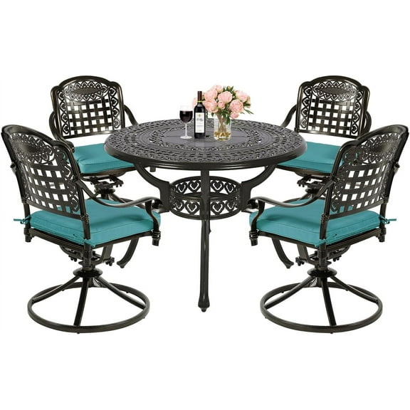 MEETWARM 5-Piece Outdoor Patio Dining Set, All-Weather Cast Aluminum Patio Conversation Set with 4 Cushions Swivel Rocker Chairs for Backyard Garden Deck and 38.5" Round Table, Ocean Blue